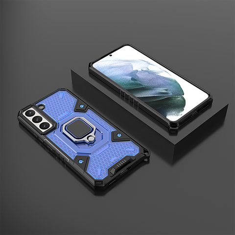 Coque Contour Silicone et Plastique Housse Etui Mat avec Magnetique Support Bague Anneau S03 pour Samsung Galaxy S22 Plus 5G Bleu