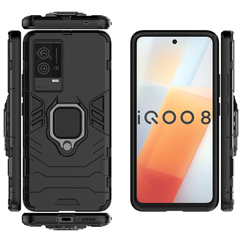 Coque Contour Silicone et Plastique Housse Etui Mat avec Magnetique Support Bague Anneau S03 pour Vivo iQOO 8 5G Noir