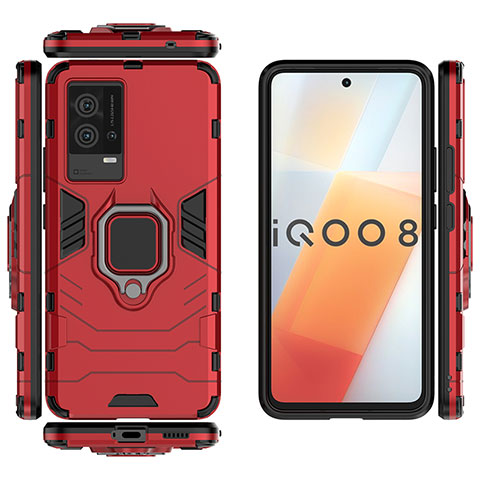 Coque Contour Silicone et Plastique Housse Etui Mat avec Magnetique Support Bague Anneau S03 pour Vivo iQOO 8 5G Rouge