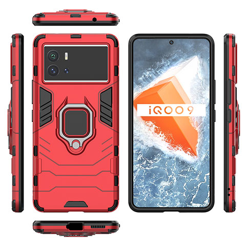 Coque Contour Silicone et Plastique Housse Etui Mat avec Magnetique Support Bague Anneau S03 pour Vivo iQOO 9 Pro 5G Rouge