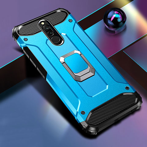 Coque Contour Silicone et Plastique Housse Etui Mat avec Magnetique Support Bague Anneau S03 pour Xiaomi Redmi 8 Bleu