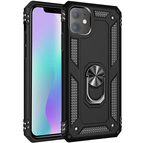 Coque Contour Silicone et Plastique Housse Etui Mat avec Magnetique Support Bague Anneau S04 pour Apple iPhone 11 Noir