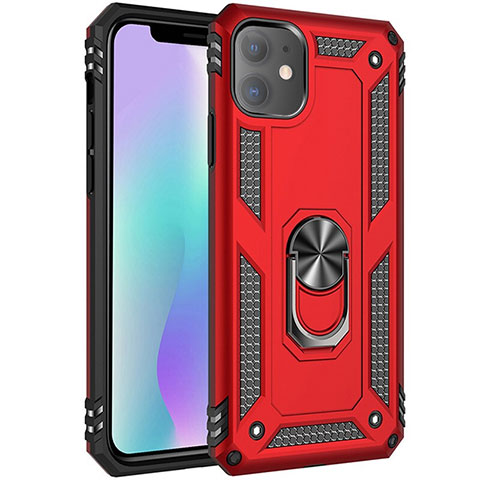 Coque Contour Silicone et Plastique Housse Etui Mat avec Magnetique Support Bague Anneau S04 pour Apple iPhone 11 Rouge