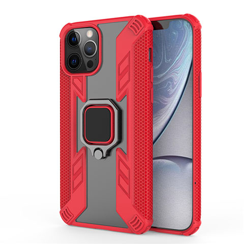 Coque Contour Silicone et Plastique Housse Etui Mat avec Magnetique Support Bague Anneau S04 pour Apple iPhone 12 Pro Rouge