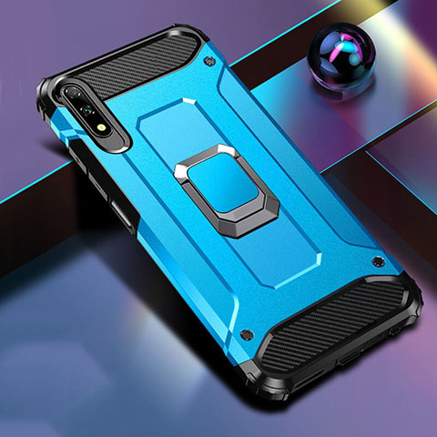 Coque Contour Silicone et Plastique Housse Etui Mat avec Magnetique Support Bague Anneau S04 pour Huawei Honor 9X Bleu Ciel