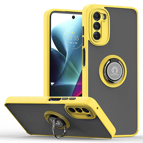 Coque Contour Silicone et Plastique Housse Etui Mat avec Magnetique Support Bague Anneau S04 pour Motorola Moto G 5G (2022) Jaune