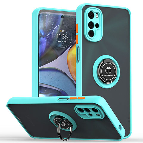 Coque Contour Silicone et Plastique Housse Etui Mat avec Magnetique Support Bague Anneau S04 pour Motorola Moto G22 Cyan