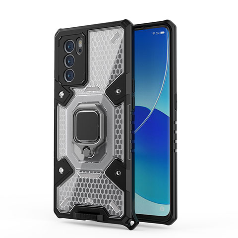 Coque Contour Silicone et Plastique Housse Etui Mat avec Magnetique Support Bague Anneau S04 pour Oppo Reno6 Pro 5G India Noir