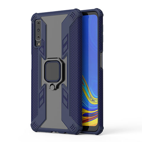 Coque Contour Silicone et Plastique Housse Etui Mat avec Magnetique Support Bague Anneau S04 pour Samsung Galaxy A7 (2018) A750 Bleu