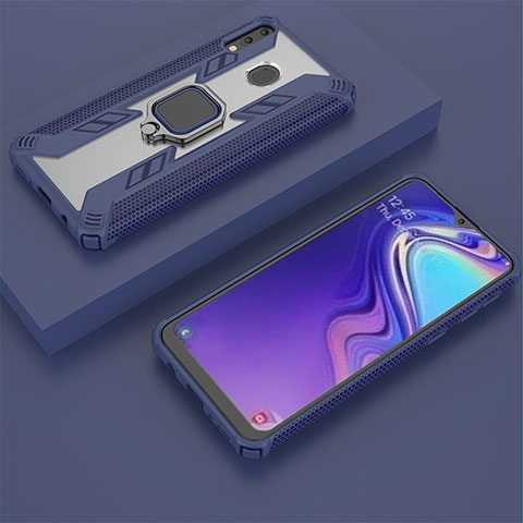 Coque Contour Silicone et Plastique Housse Etui Mat avec Magnetique Support Bague Anneau S04 pour Samsung Galaxy M20 Bleu