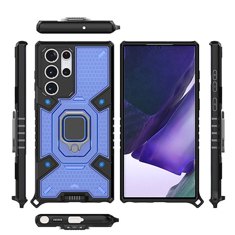 Coque Contour Silicone et Plastique Housse Etui Mat avec Magnetique Support Bague Anneau S04 pour Samsung Galaxy S22 Ultra 5G Bleu