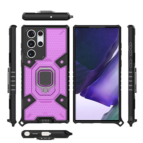 Coque Contour Silicone et Plastique Housse Etui Mat avec Magnetique Support Bague Anneau S04 pour Samsung Galaxy S22 Ultra 5G Violet