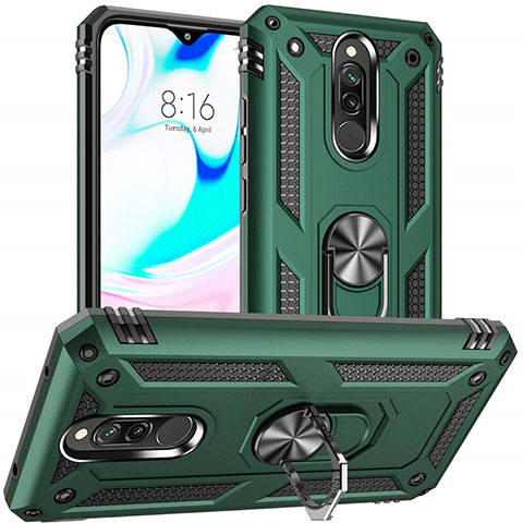 Coque Contour Silicone et Plastique Housse Etui Mat avec Magnetique Support Bague Anneau S04 pour Xiaomi Redmi 8 Vert