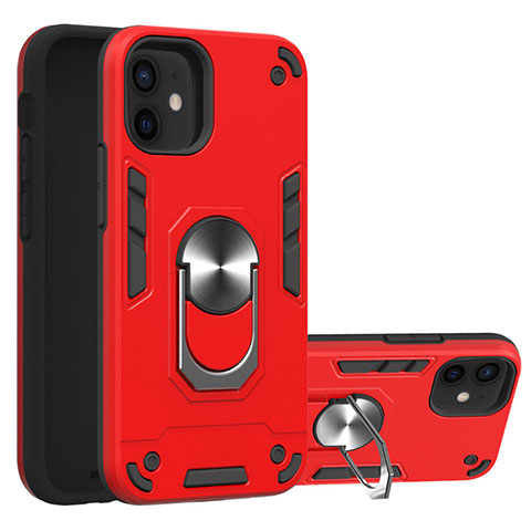 Coque Contour Silicone et Plastique Housse Etui Mat avec Magnetique Support Bague Anneau S05 pour Apple iPhone 12 Mini Rouge