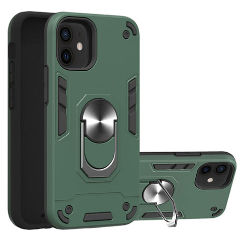 Coque Contour Silicone et Plastique Housse Etui Mat avec Magnetique Support Bague Anneau S05 pour Apple iPhone 12 Mini Vert Nuit