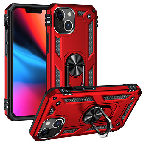 Coque Contour Silicone et Plastique Housse Etui Mat avec Magnetique Support Bague Anneau S05 pour Apple iPhone 13 Mini Rouge