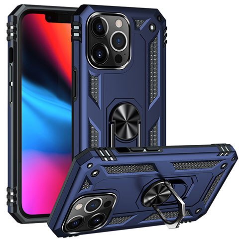 Coque Contour Silicone et Plastique Housse Etui Mat avec Magnetique Support Bague Anneau S05 pour Apple iPhone 13 Pro Max Bleu