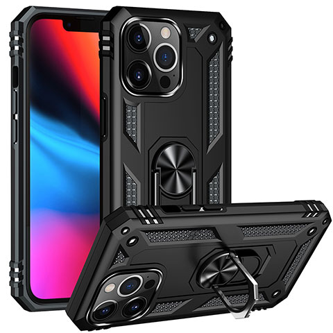 Coque Contour Silicone et Plastique Housse Etui Mat avec Magnetique Support Bague Anneau S05 pour Apple iPhone 13 Pro Max Noir