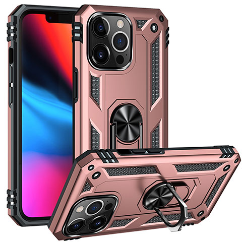 Coque Contour Silicone et Plastique Housse Etui Mat avec Magnetique Support Bague Anneau S05 pour Apple iPhone 13 Pro Or Rose