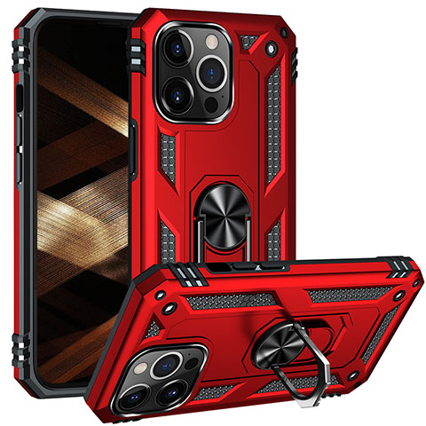 Coque Contour Silicone et Plastique Housse Etui Mat avec Magnetique Support Bague Anneau S05 pour Apple iPhone 14 Pro Max Rouge