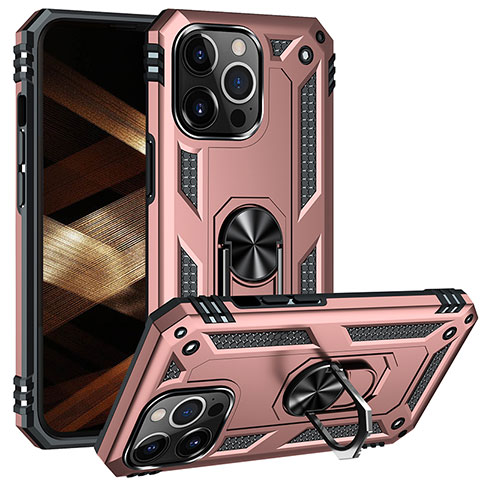 Coque Contour Silicone et Plastique Housse Etui Mat avec Magnetique Support Bague Anneau S05 pour Apple iPhone 15 Pro Max Or Rose