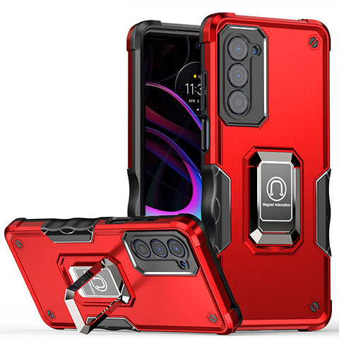 Coque Contour Silicone et Plastique Housse Etui Mat avec Magnetique Support Bague Anneau S05 pour Motorola Moto Edge (2021) 5G Rouge