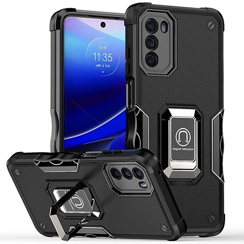 Coque Contour Silicone et Plastique Housse Etui Mat avec Magnetique Support Bague Anneau S05 pour Motorola Moto G 5G (2022) Noir