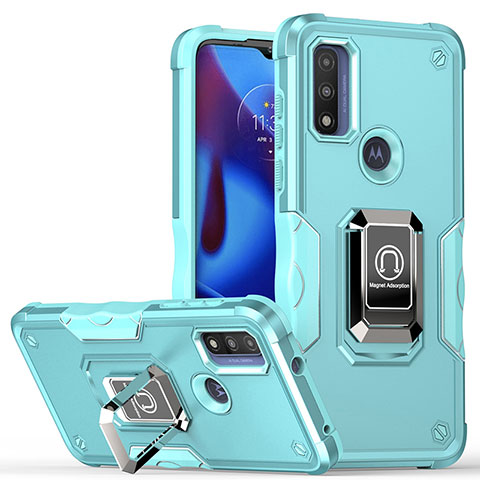 Coque Contour Silicone et Plastique Housse Etui Mat avec Magnetique Support Bague Anneau S05 pour Motorola Moto G Pure Cyan