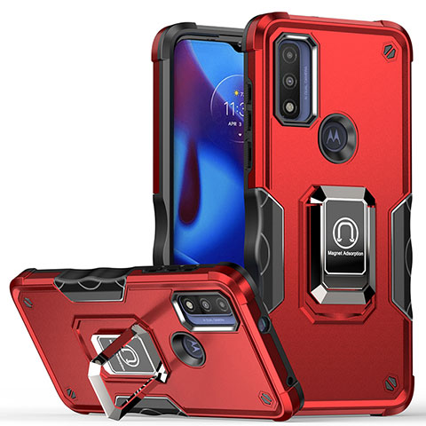 Coque Contour Silicone et Plastique Housse Etui Mat avec Magnetique Support Bague Anneau S05 pour Motorola Moto G Pure Rouge