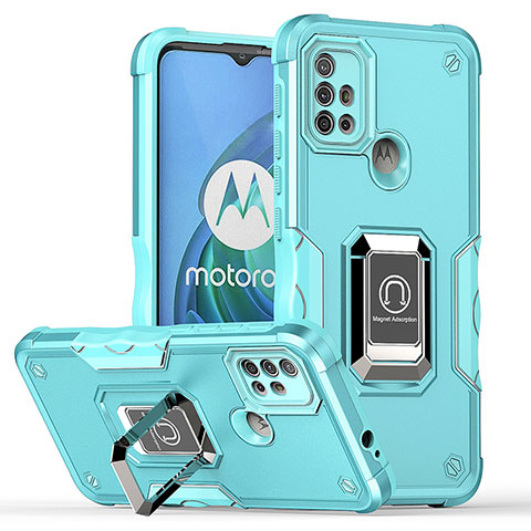 Coque Contour Silicone et Plastique Housse Etui Mat avec Magnetique Support Bague Anneau S05 pour Motorola Moto G10 Power Cyan