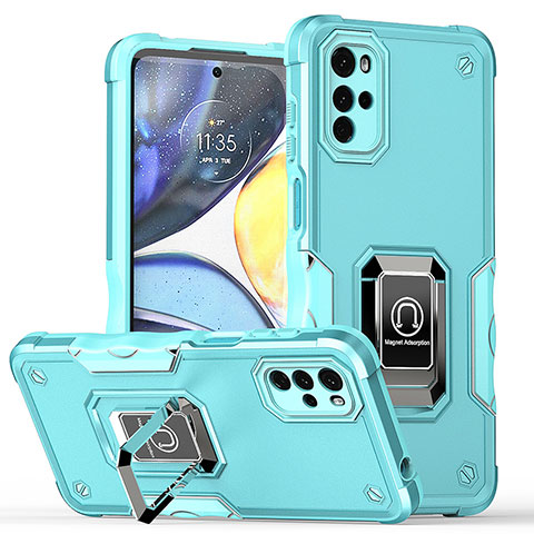 Coque Contour Silicone et Plastique Housse Etui Mat avec Magnetique Support Bague Anneau S05 pour Motorola Moto G22 Cyan