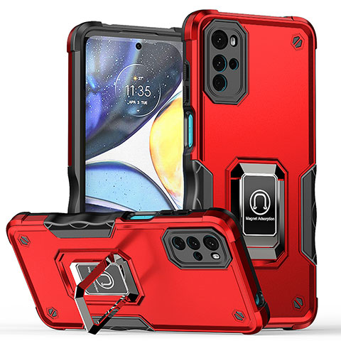 Coque Contour Silicone et Plastique Housse Etui Mat avec Magnetique Support Bague Anneau S05 pour Motorola Moto G22 Rouge