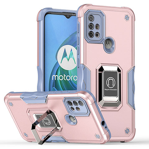 Coque Contour Silicone et Plastique Housse Etui Mat avec Magnetique Support Bague Anneau S05 pour Motorola Moto G30 Rose