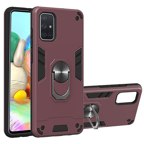 Coque Contour Silicone et Plastique Housse Etui Mat avec Magnetique Support Bague Anneau S05 pour Samsung Galaxy A71 5G Vin Rouge