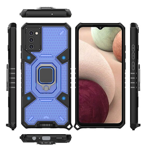 Coque Contour Silicone et Plastique Housse Etui Mat avec Magnetique Support Bague Anneau S05 pour Samsung Galaxy M02s Bleu