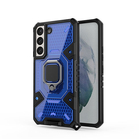 Coque Contour Silicone et Plastique Housse Etui Mat avec Magnetique Support Bague Anneau S05 pour Samsung Galaxy S21 FE 5G Bleu