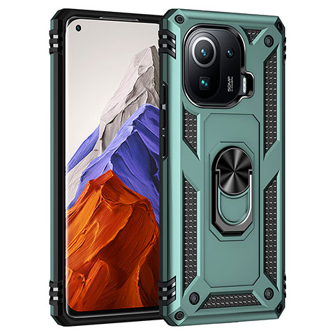 Coque Contour Silicone et Plastique Housse Etui Mat avec Magnetique Support Bague Anneau S05 pour Xiaomi Mi 11 Pro 5G Vert