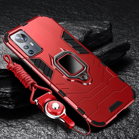 Coque Contour Silicone et Plastique Housse Etui Mat avec Magnetique Support Bague Anneau S05 pour Xiaomi Mi 12 Lite 5G Rouge