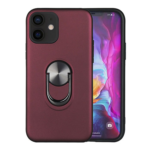 Coque Contour Silicone et Plastique Housse Etui Mat avec Magnetique Support Bague Anneau S06 pour Apple iPhone 12 Mini Vin Rouge