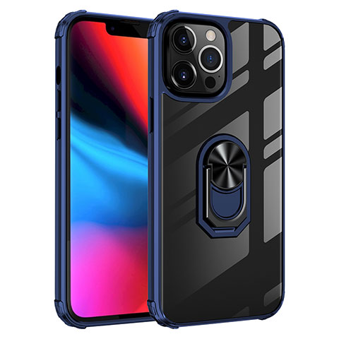 Coque Contour Silicone et Plastique Housse Etui Mat avec Magnetique Support Bague Anneau S06 pour Apple iPhone 13 Pro Bleu