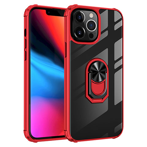 Coque Contour Silicone et Plastique Housse Etui Mat avec Magnetique Support Bague Anneau S06 pour Apple iPhone 13 Pro Rouge