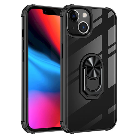 Coque Contour Silicone et Plastique Housse Etui Mat avec Magnetique Support Bague Anneau S06 pour Apple iPhone 14 Noir