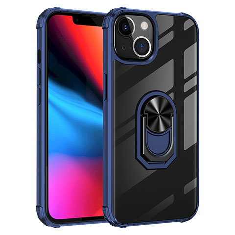 Coque Contour Silicone et Plastique Housse Etui Mat avec Magnetique Support Bague Anneau S06 pour Apple iPhone 14 Plus Bleu