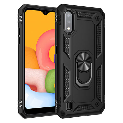 Coque Contour Silicone et Plastique Housse Etui Mat avec Magnetique Support Bague Anneau S06 pour Samsung Galaxy A01 SM-A015 Noir