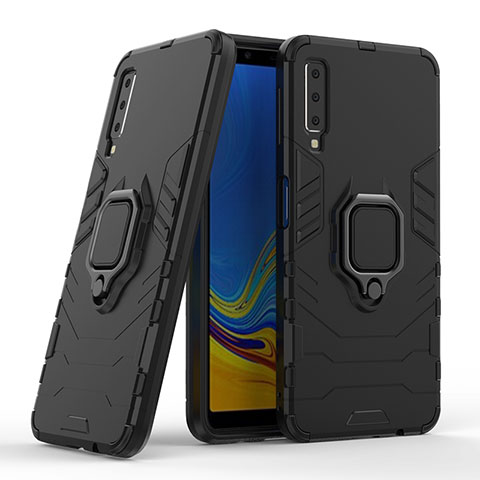 Coque Contour Silicone et Plastique Housse Etui Mat avec Magnetique Support Bague Anneau S06 pour Samsung Galaxy A7 (2018) A750 Noir