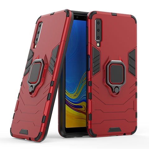 Coque Contour Silicone et Plastique Housse Etui Mat avec Magnetique Support Bague Anneau S06 pour Samsung Galaxy A7 (2018) A750 Rouge