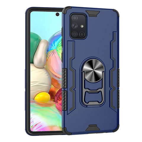 Coque Contour Silicone et Plastique Housse Etui Mat avec Magnetique Support Bague Anneau S06 pour Samsung Galaxy A71 5G Bleu