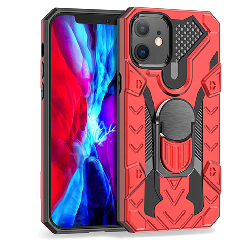 Coque Contour Silicone et Plastique Housse Etui Mat avec Magnetique Support Bague Anneau S07 pour Apple iPhone 12 Mini Rouge