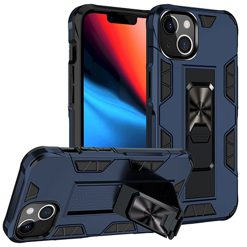 Coque Contour Silicone et Plastique Housse Etui Mat avec Magnetique Support Bague Anneau S07 pour Apple iPhone 13 Bleu