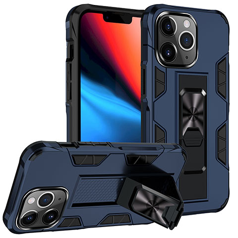 Coque Contour Silicone et Plastique Housse Etui Mat avec Magnetique Support Bague Anneau S07 pour Apple iPhone 13 Pro Bleu